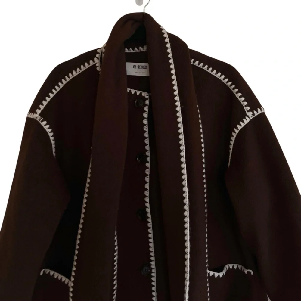 4th and Reckless Fable Chocolate Brown Contrast Stitch Longline Scarf Coat Large